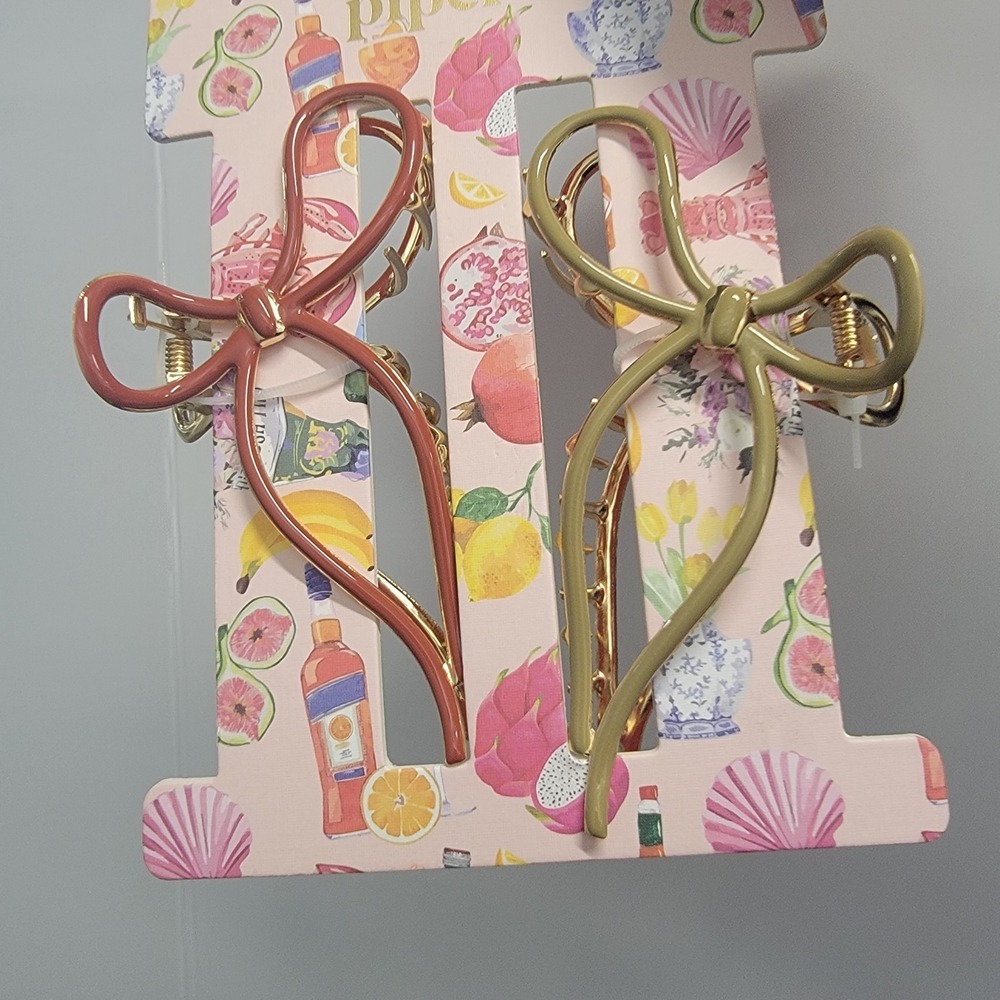 Piper K Metal Bow Ribbon Claw Clips Muave Pink & Olive Sage Green Set Of 2 Gold - Picture 2 of 3
